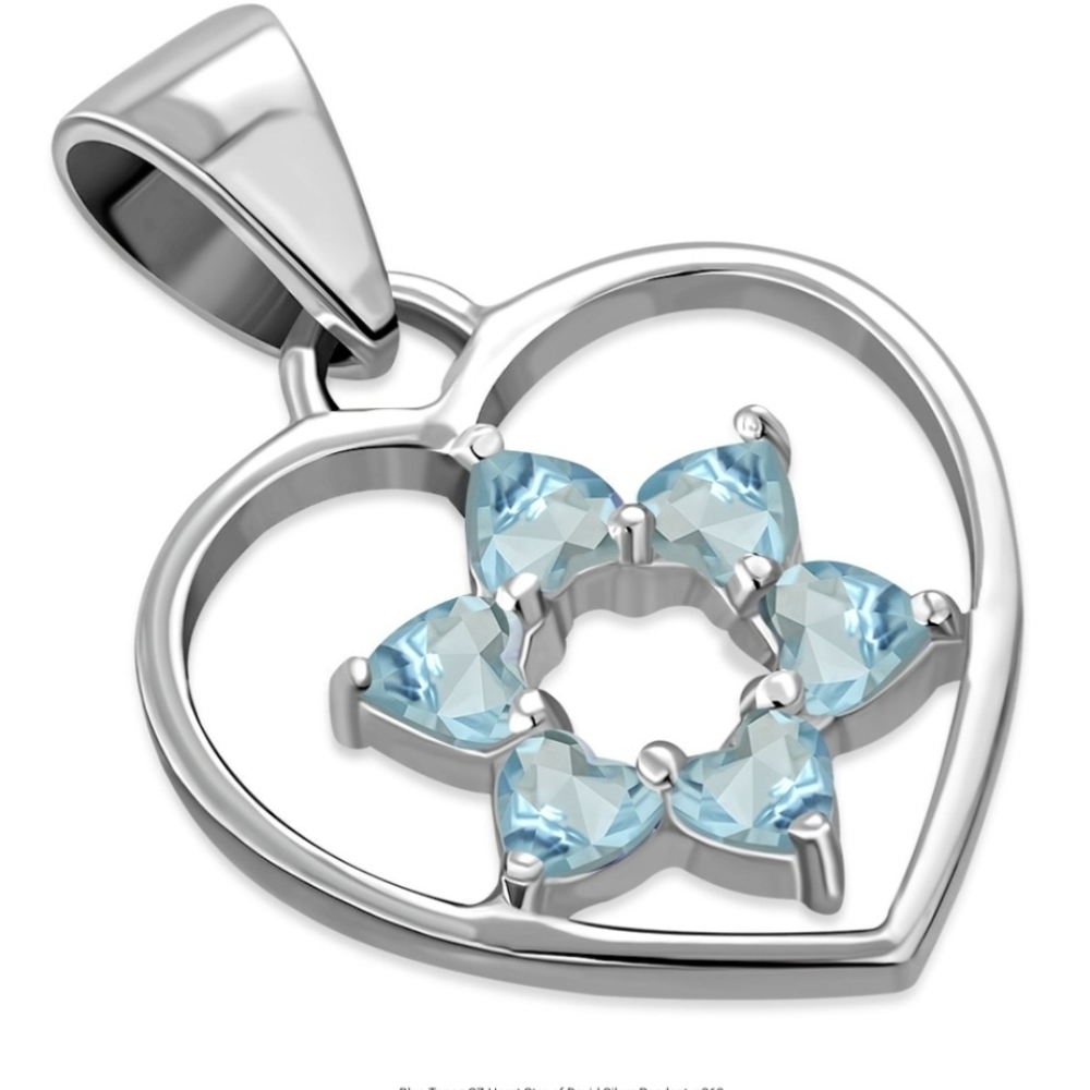 Pendant--Sterling Silver Heart inset with Star of David in Blue Topaz CZ